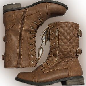 Forever Womens Mango-79 Military Leatherette Dual Buckle Zipper Lace Up Mid Calf